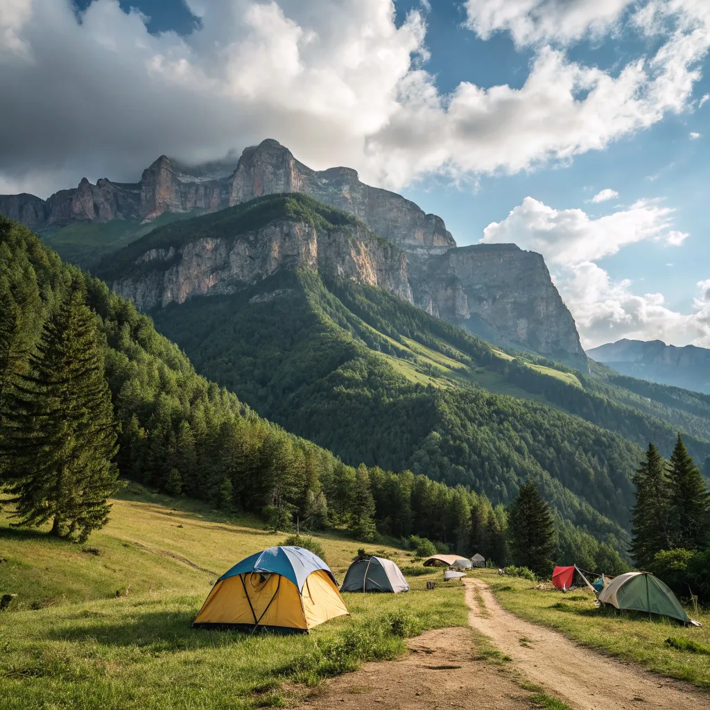Scenic mountain view with camping tents